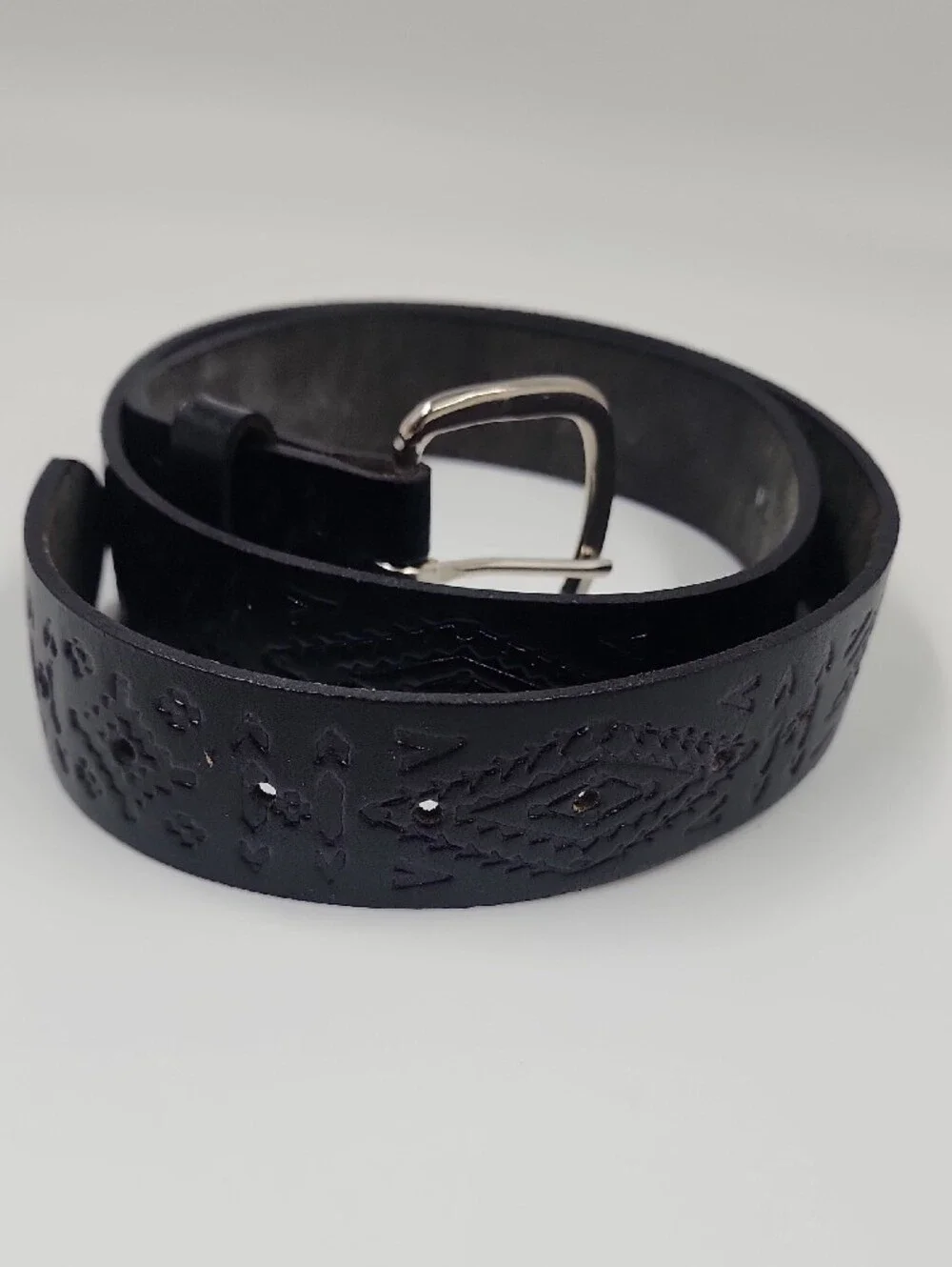 Black Embossed Leather Men's Belt with Silver Buckle
